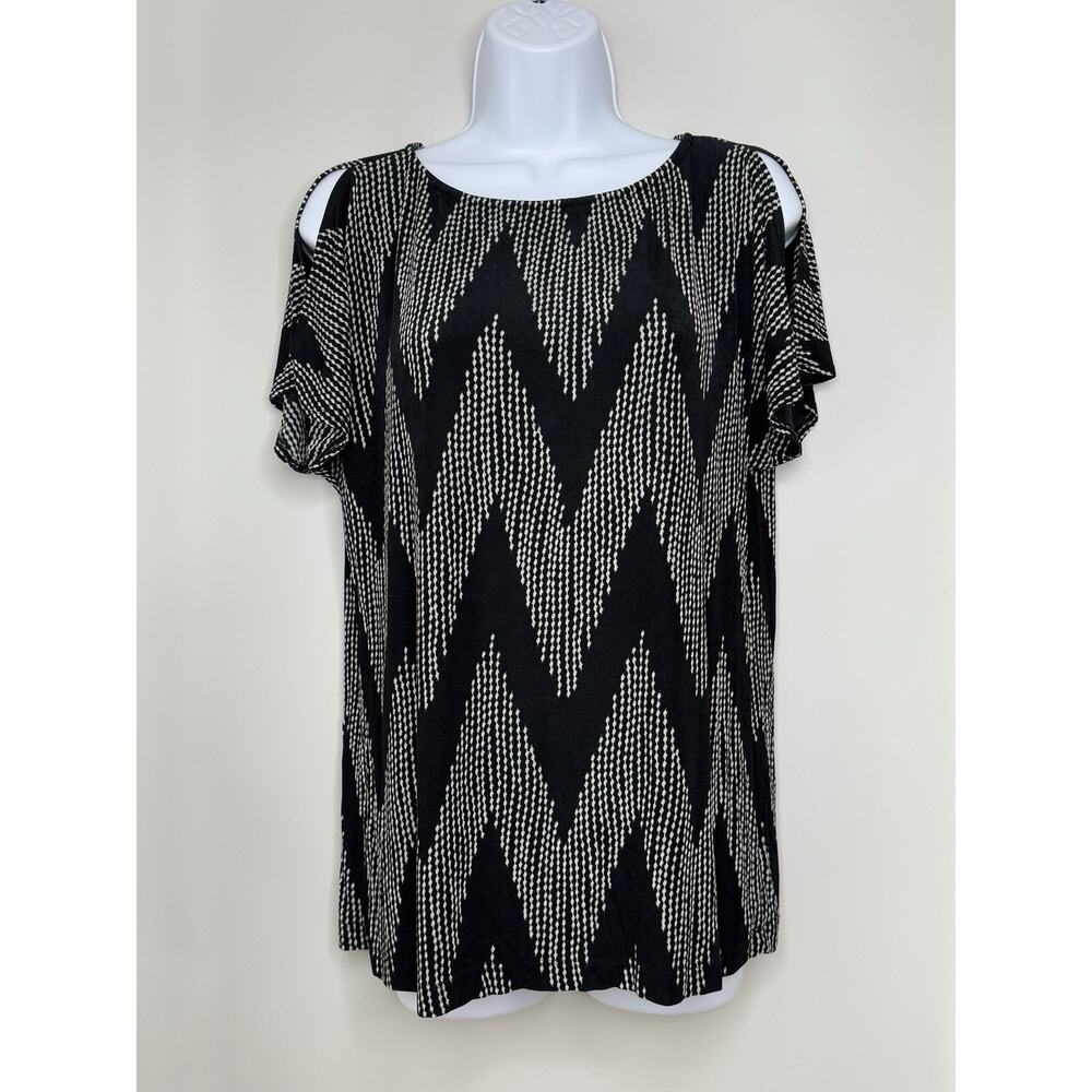 Chicos Travelers Top Size 1 Medium Black Gray‎ Chevron Travel Career Resort CEO
